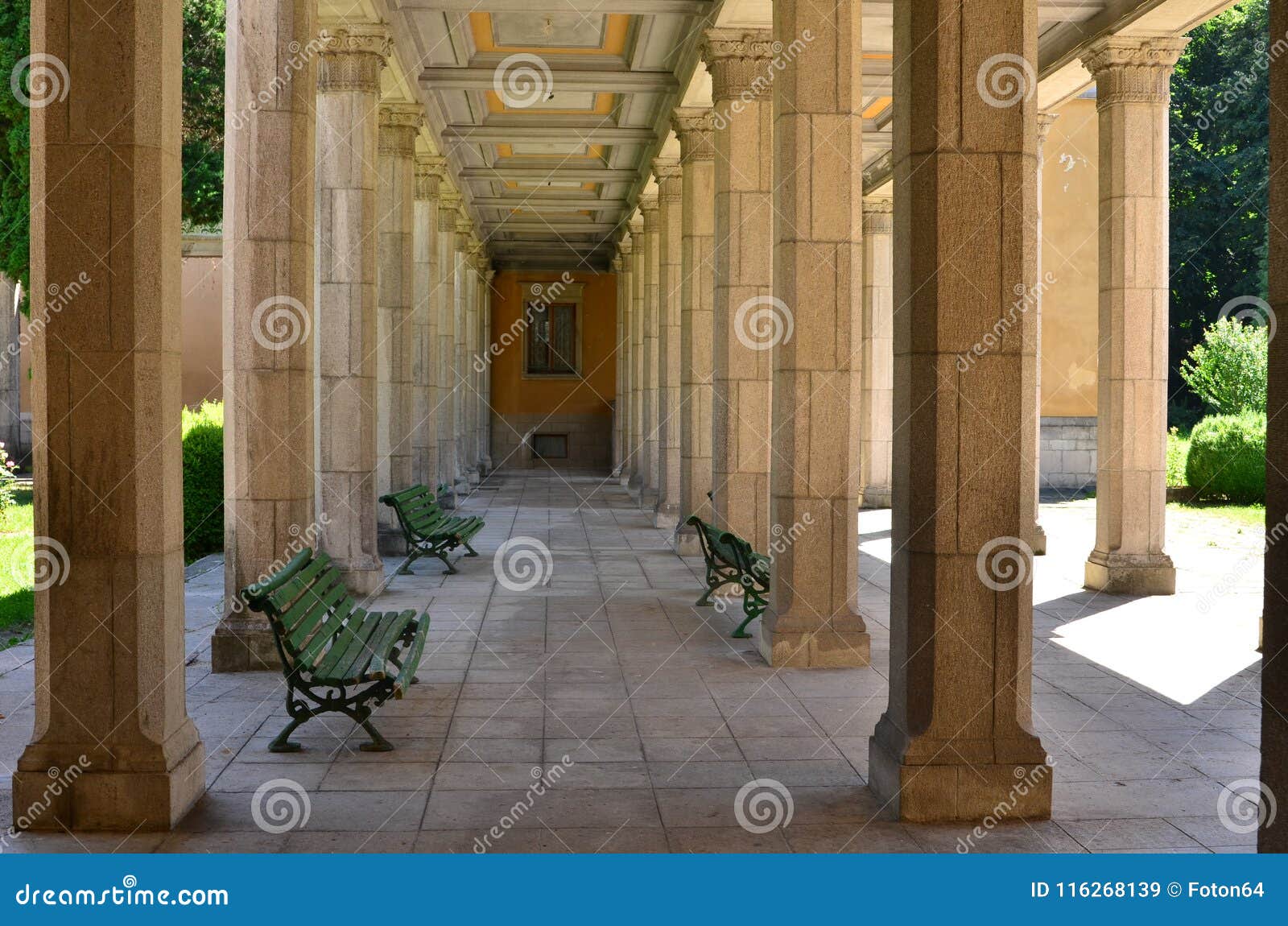 Exterior Columns and Benches Stock Image - Image of wooden, house ...