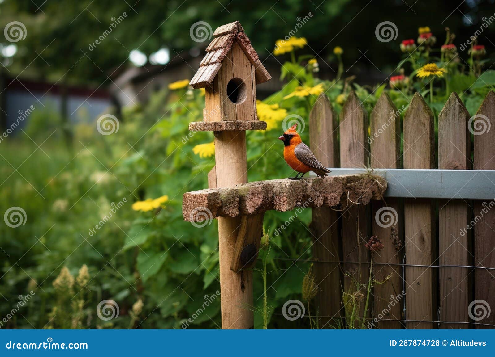 Wooden Bird Feeder Mounted on a Fence Post Stock Illustration