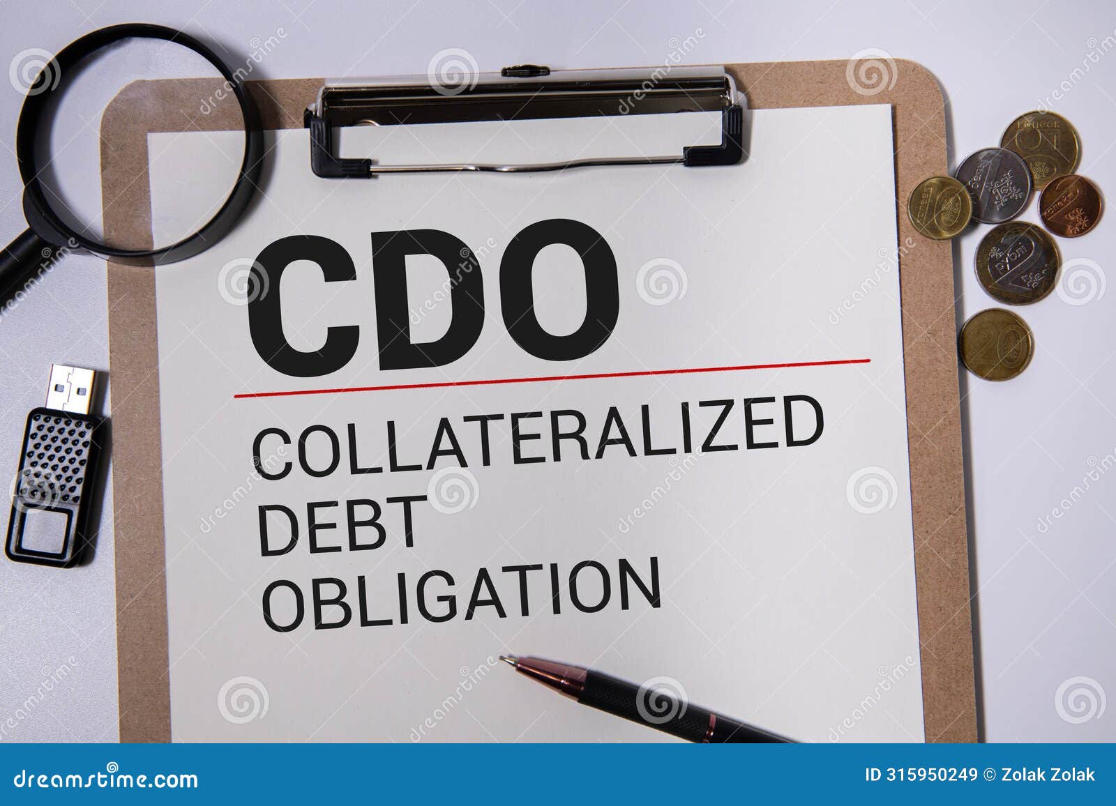 a wooden block with the word cdo collateralized debt obligation written on it on a white background.