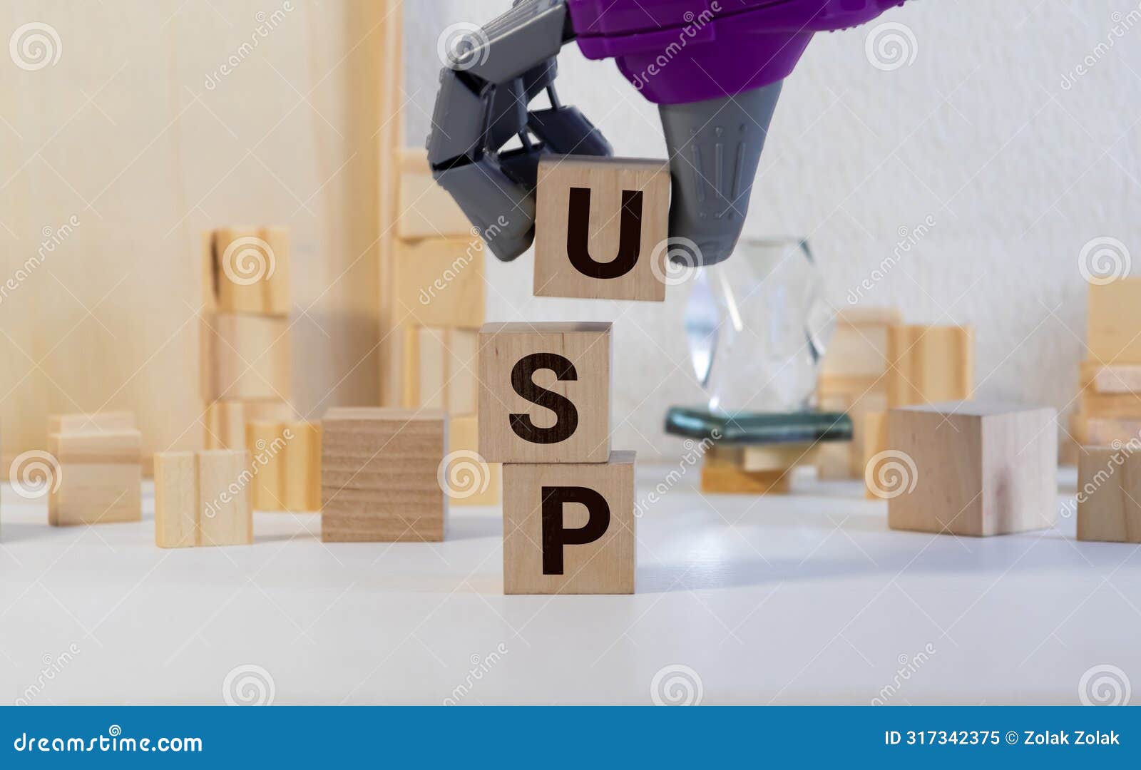 wooden blocks on a gray background with the text usp