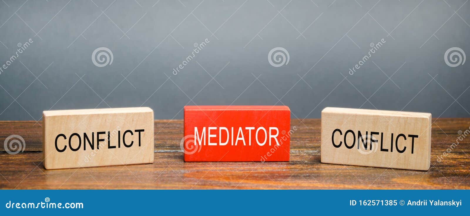 wooden blocks with word mediator and conflict. settlement of disputes. conflict resolution and mediation. third party,