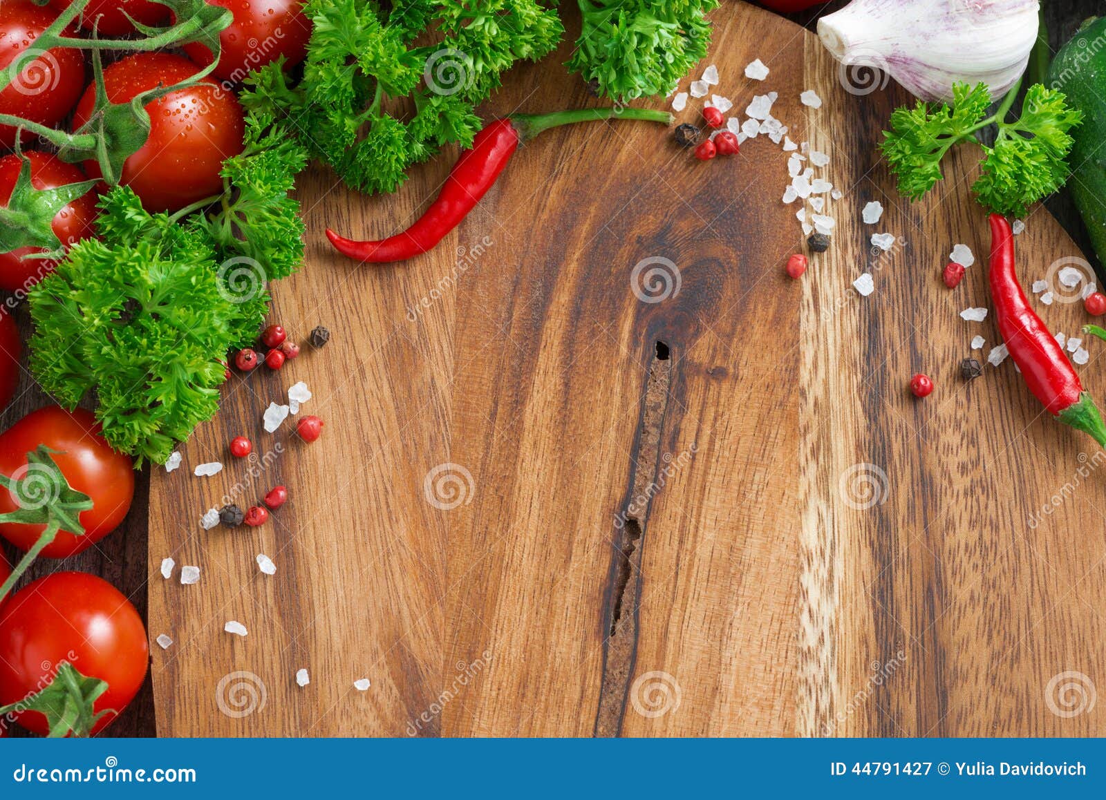 Wooden Board Background, Fresh Tomatoes, Spices and Herbs Stock Image ...