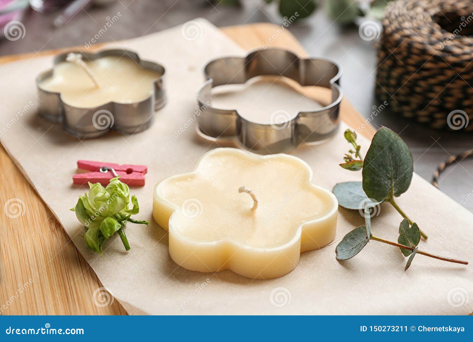 Wooden Board with Handmade Candles and Cutters Stock Image Image of
