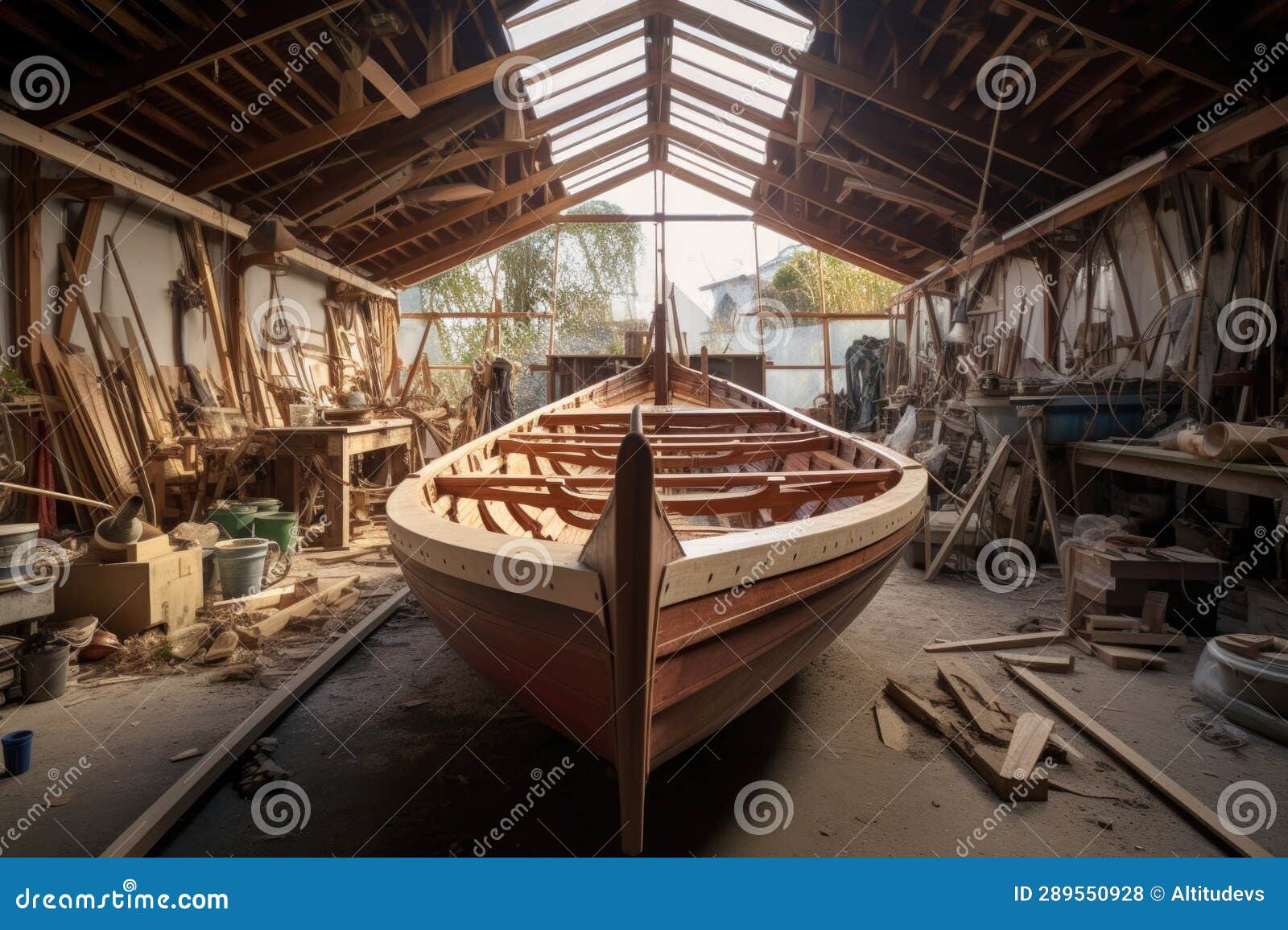 Wooden Boat Under Construction in a Boatbuilders Stock Photo