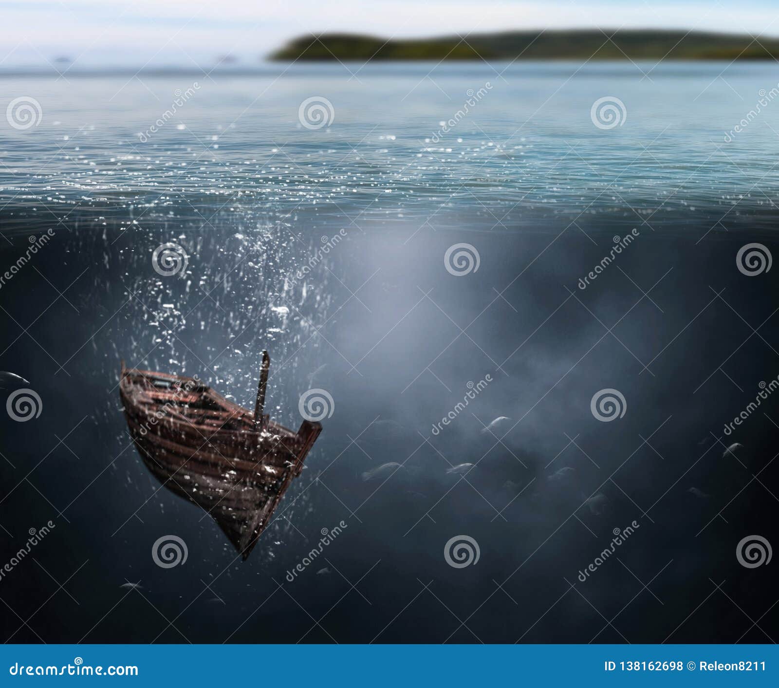 Wooden Boats are Sinking Under the Sea Stock Photo Image of space