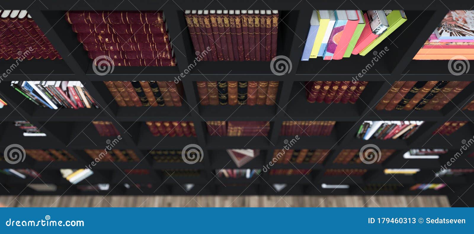 wooden bookshelf full of books from library top view realistic 3d rendering