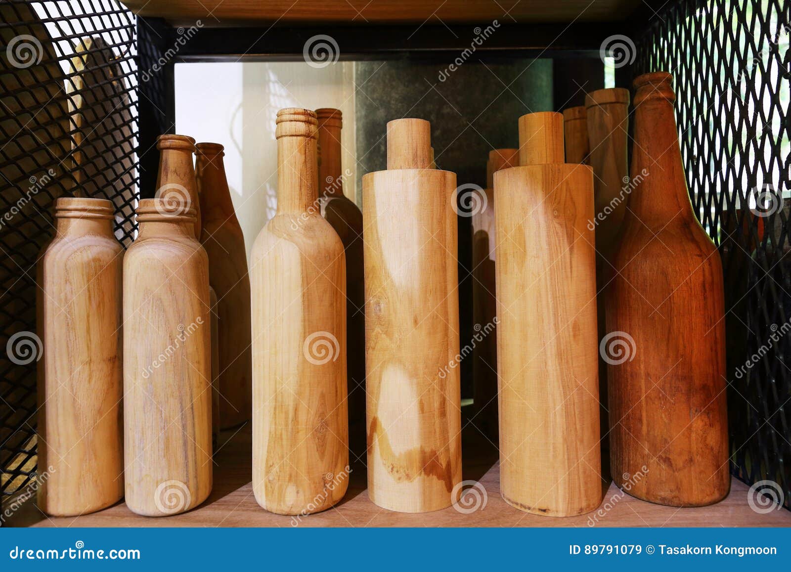 Wooden Bottles on Shelf for Pattern and Design Stock Image Image of