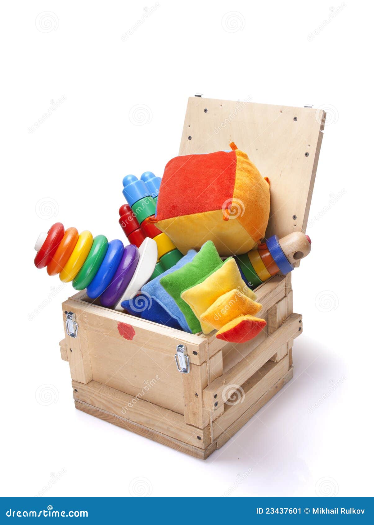 Wooden box with many toys stock image. Image of pack 23437601