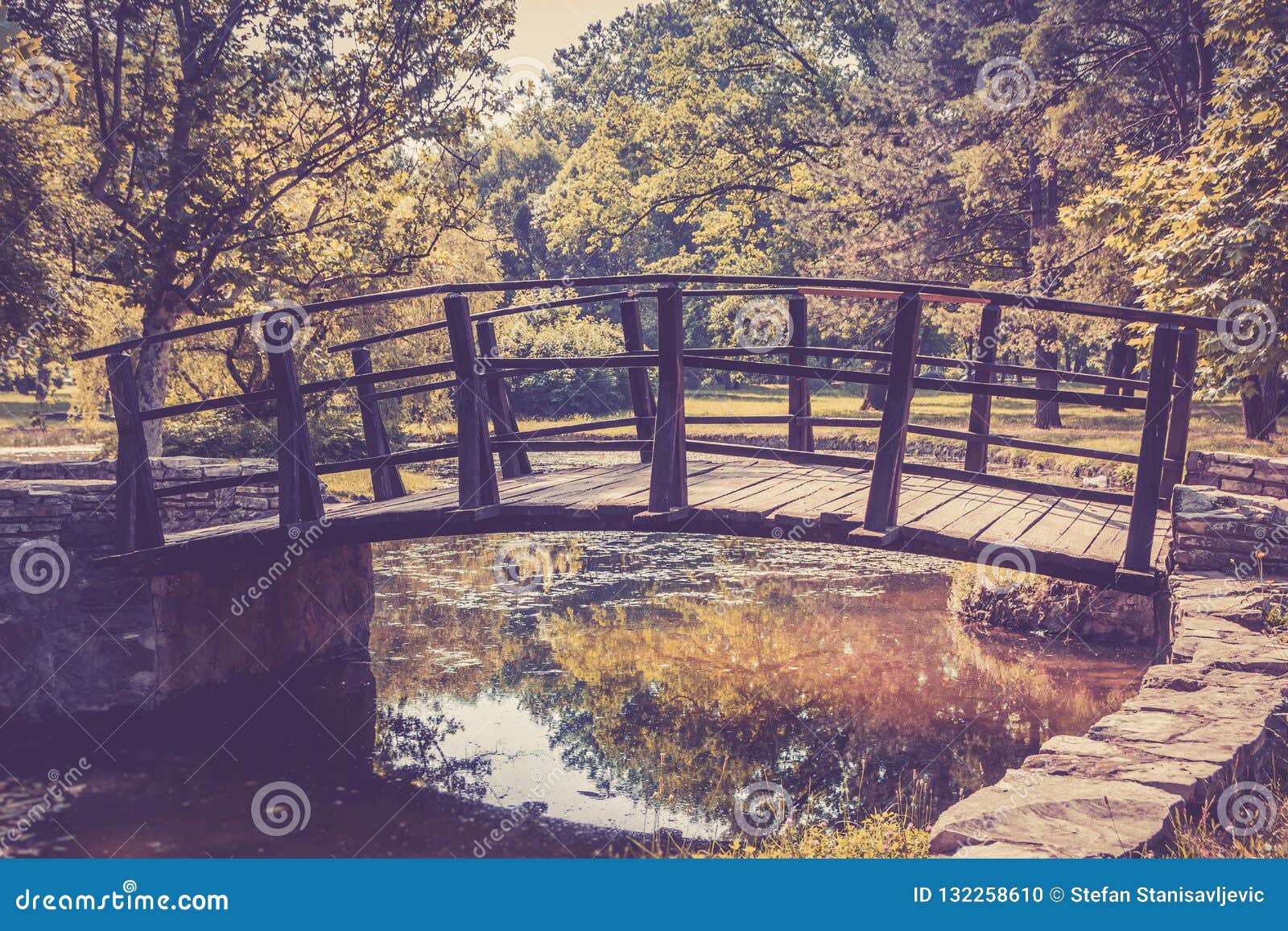 Wooden Bridge In Autumn Landscape Stock Photo Image Of Reflection