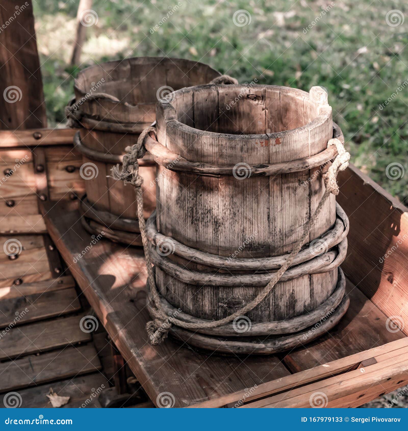 Wooden Bucket Old, Traditional Container for a Well Rustic Design Stock