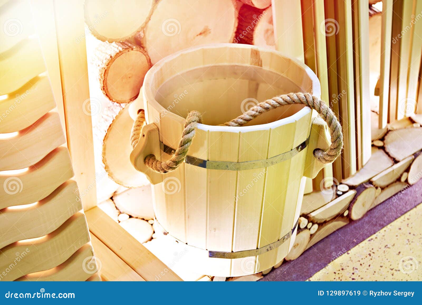 Wooden bucket for sauna stock image. Image of lifestyle 129897619