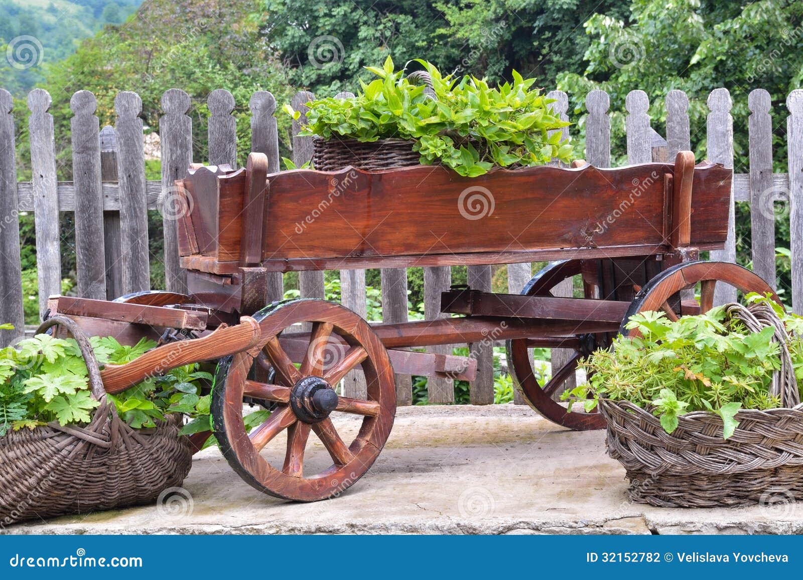 Wooden Cart and Wicker Baskets in the Back Yard Stock Photo Image of
