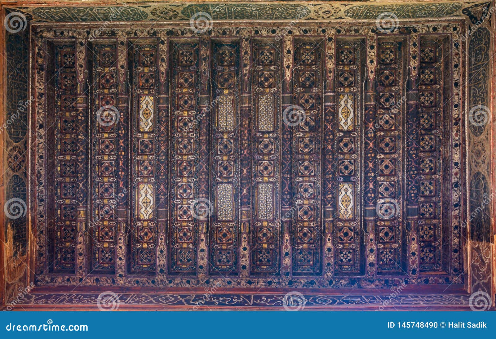 wooden ceiling decorated with floral pattern decorations at ottoman historic beit el set waseela buildingÃÅ old cairo, egypt