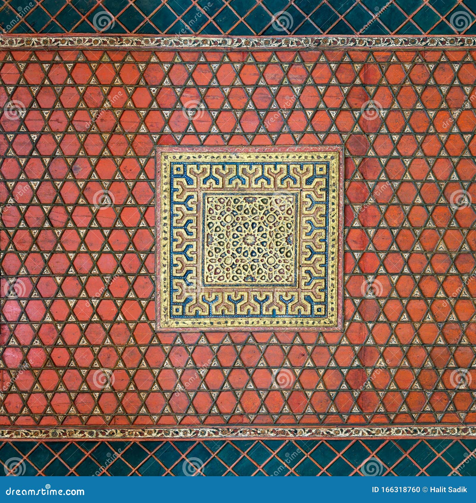wooden ceiling decorated with red and blue floral patterns, mamluk era amir taz palace, cairo, egypt