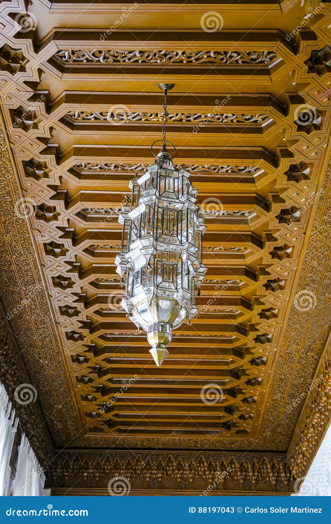 Wooden Ceilings And Arabic Lamp Typical Of Marrakesh Morocco