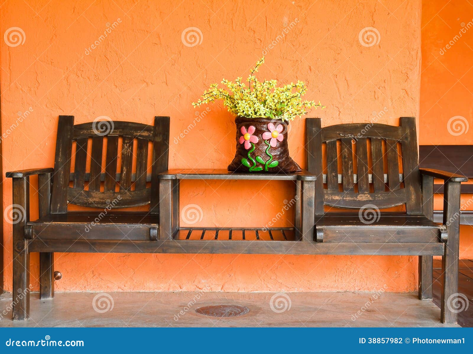 Wooden chair on the wall. stock photo. Image of antique 38857982
