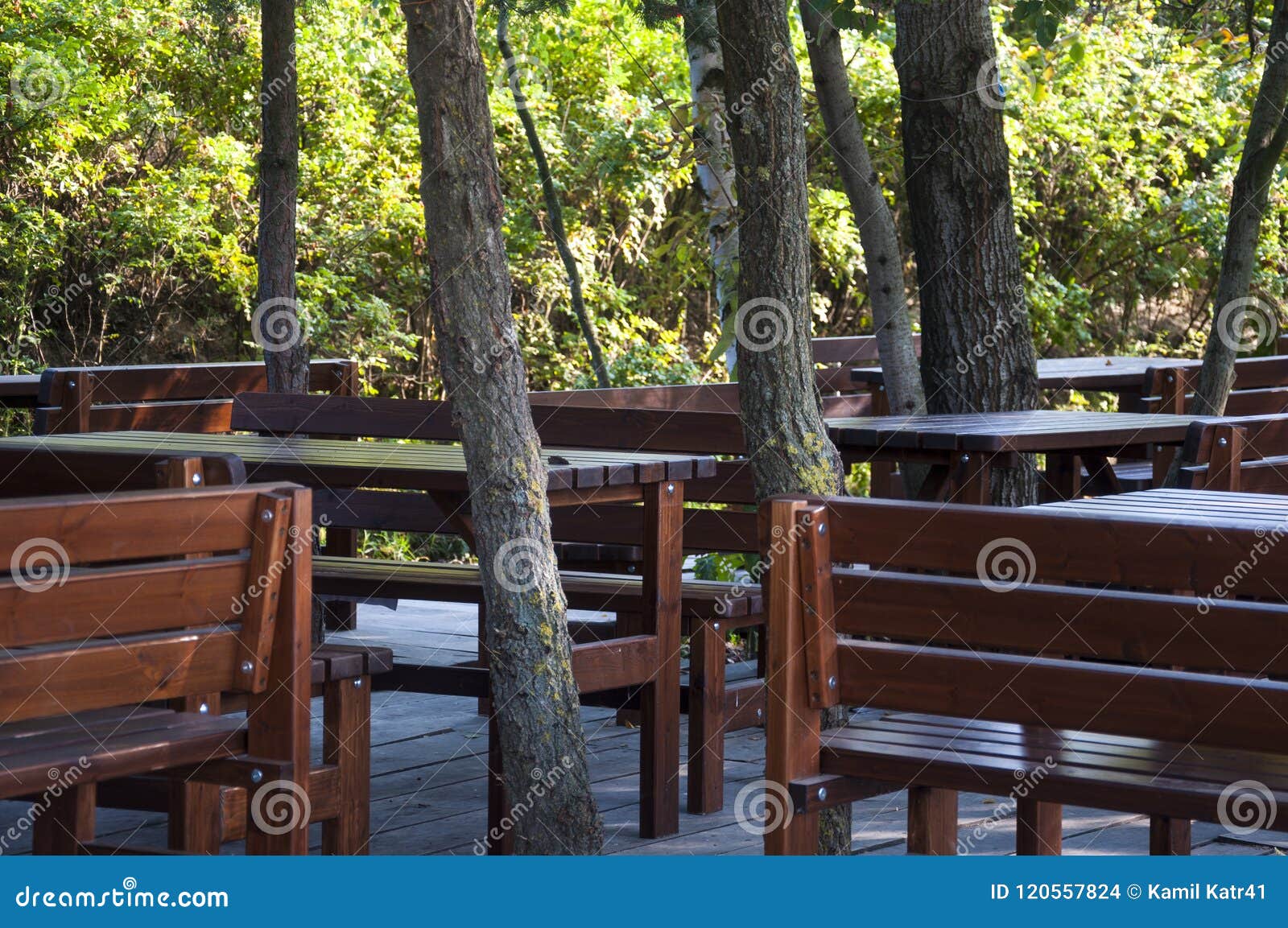 Wooden Chairs an Tables in Restaurant Garden Stock Photo Image of