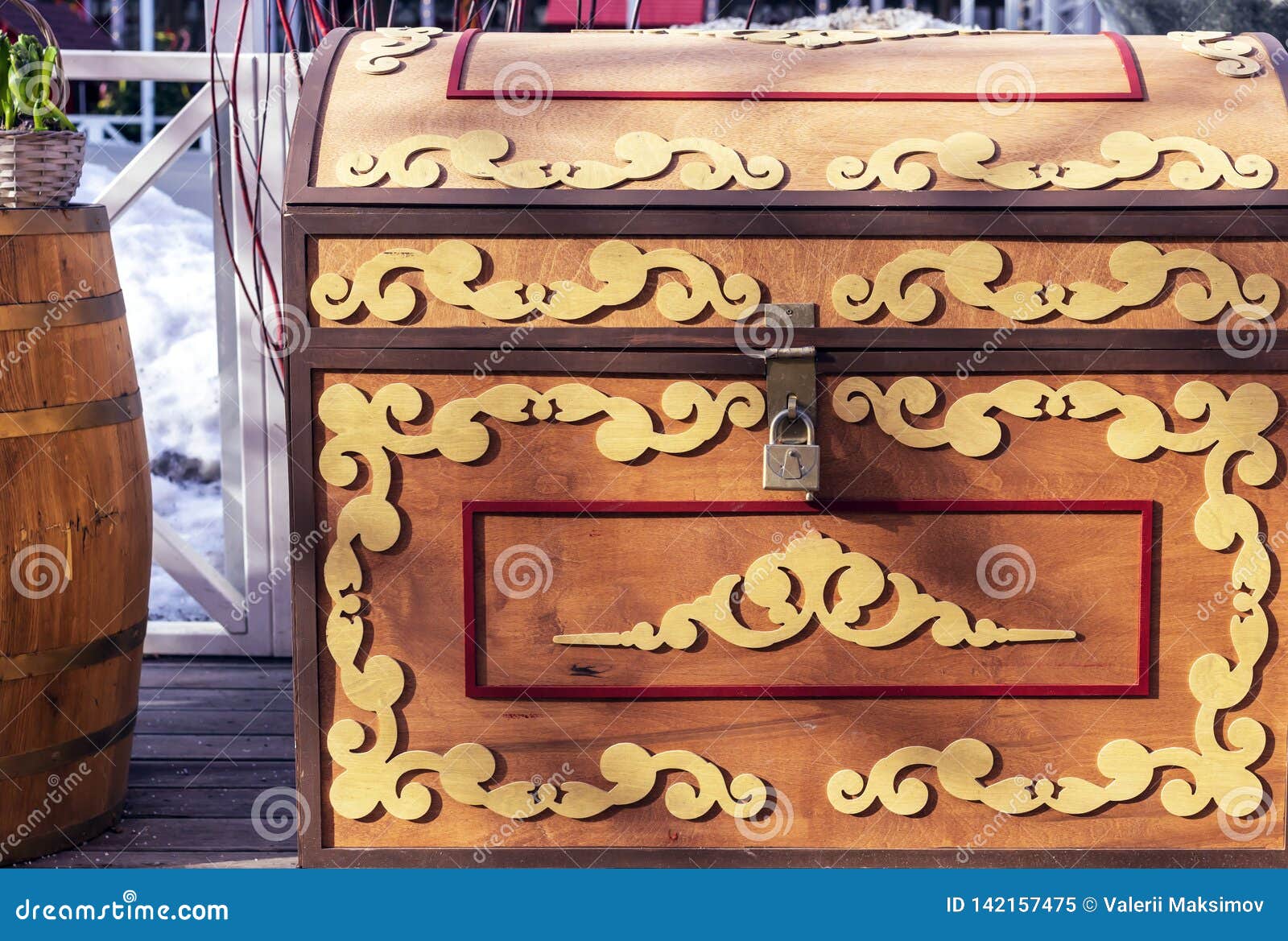 Wooden Chest with Lock and Decorative Ornament Stock Image Image of