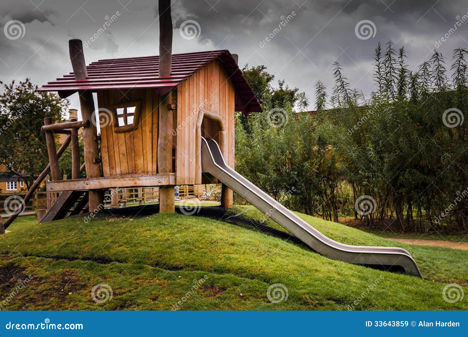 Wooden Childrens Playhouse with Slide Stock Image Image of colour, climbing 33643859