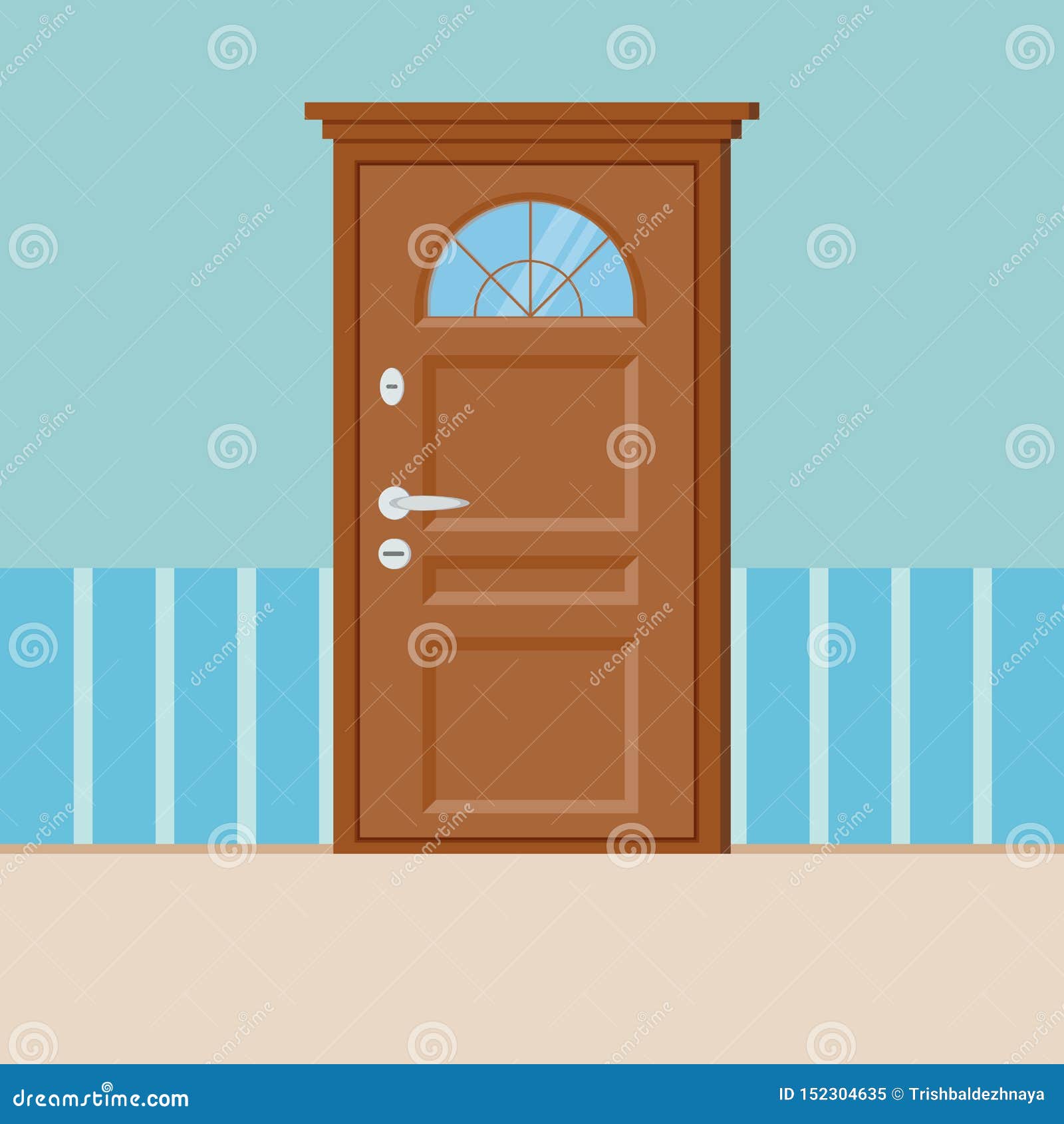 Wooden Closed Door With Frame Isolated On Wall Stock Vector