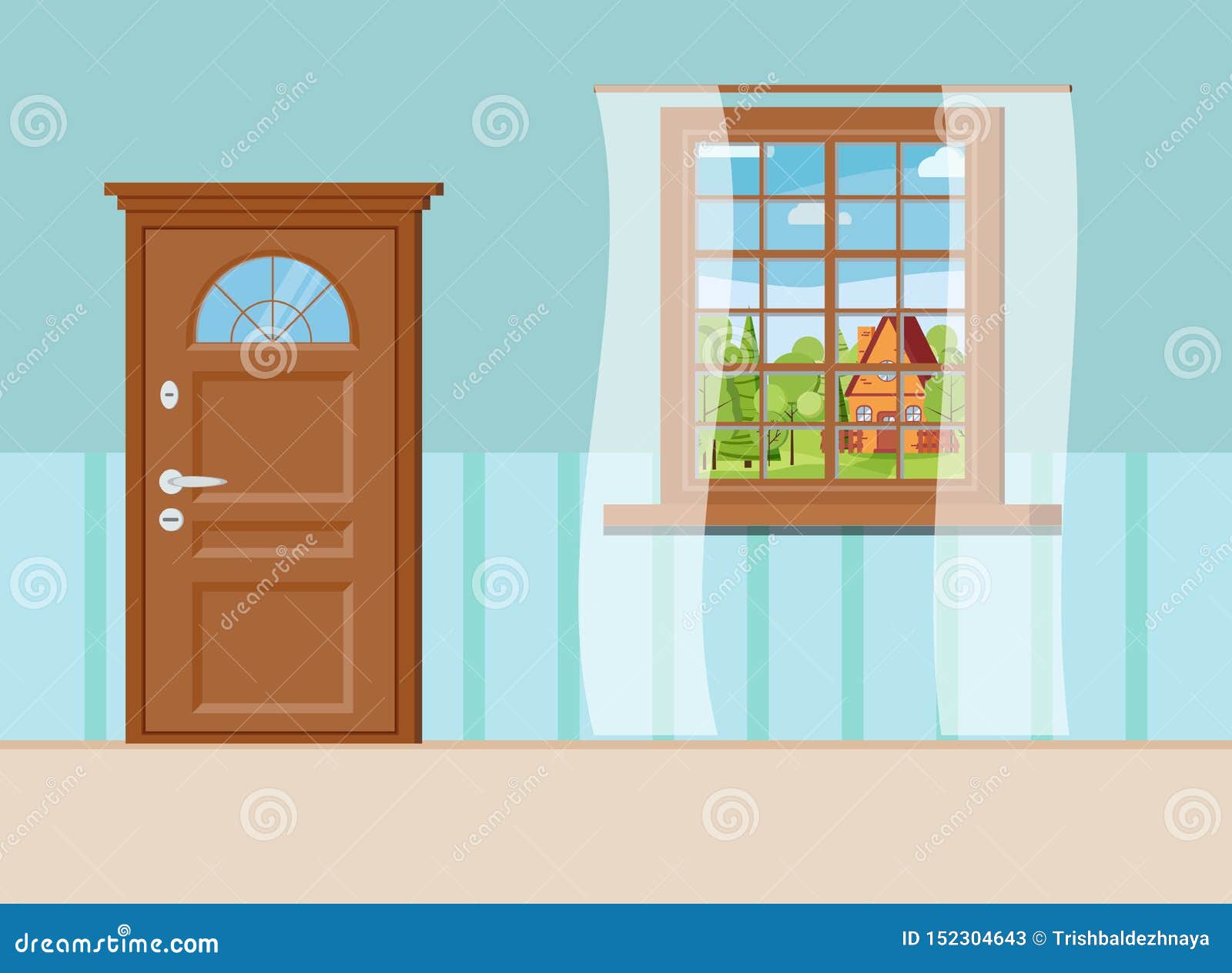 Wooden Closed Entrance Door and Window with Summer View of Landscape with  Cartoon House Stock Vector - Illustration of cartoon, house: 152304643
