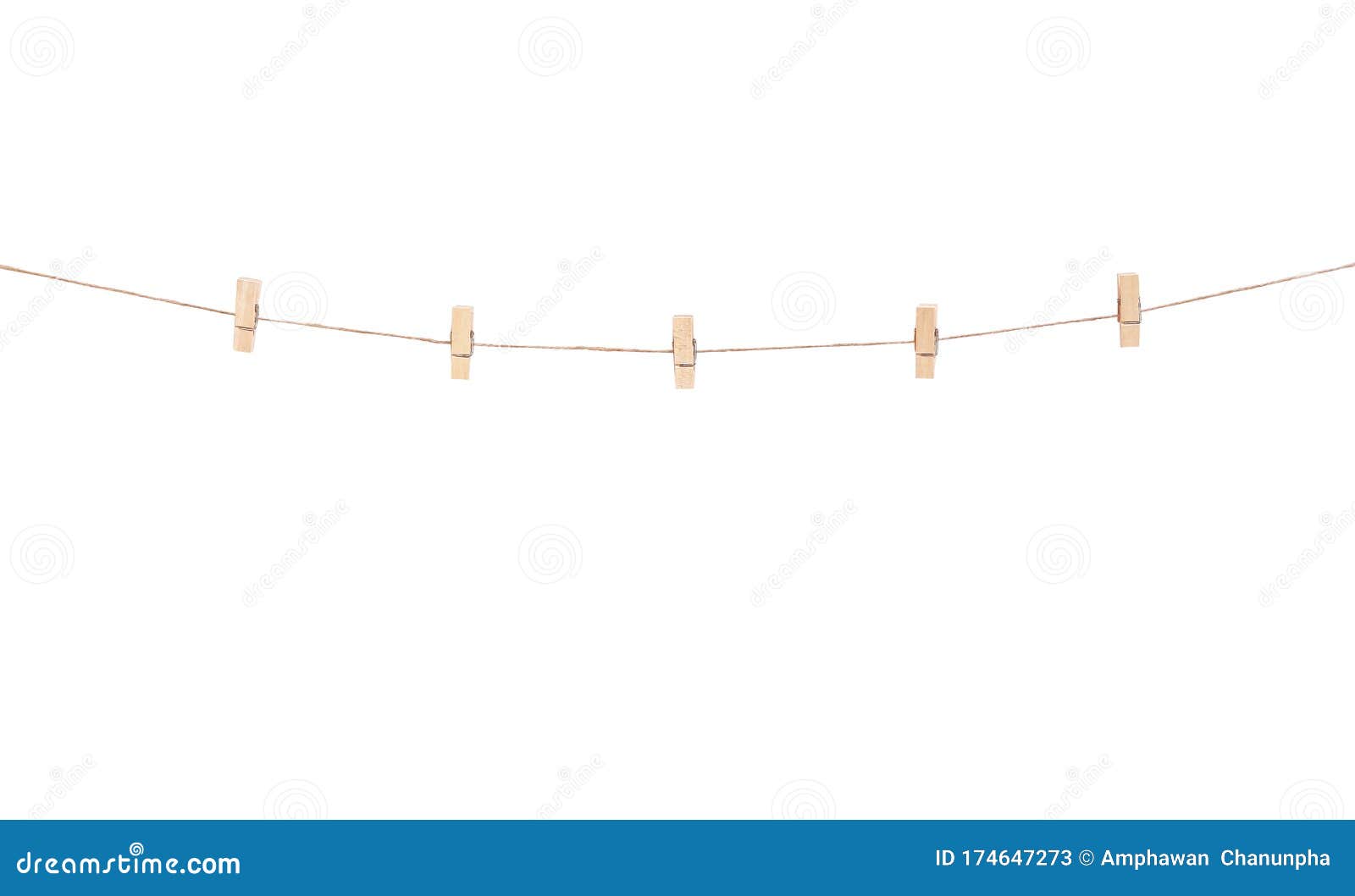 wooden clothes pins hanging on brown rope   on white background
