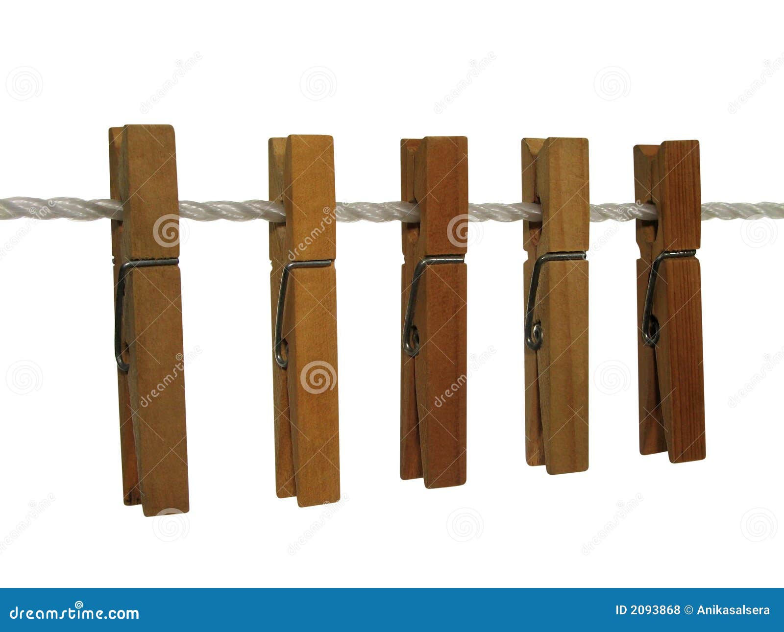 Wooden Clothespins on a Clothes Line (+ Clipping Path) Stock Photo