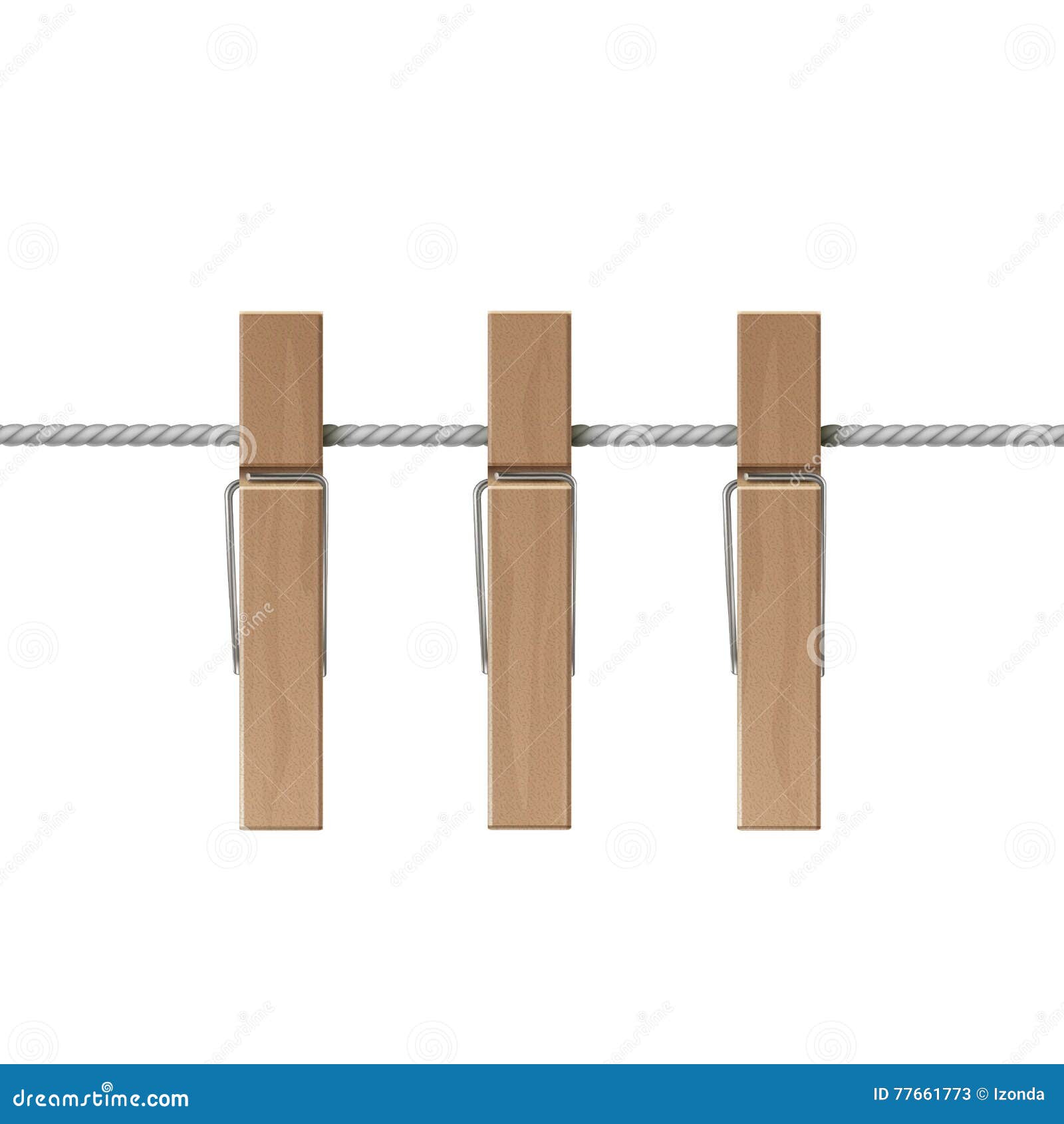 Wooden Clothespins Pegs Rope Side View Isolated On White Background