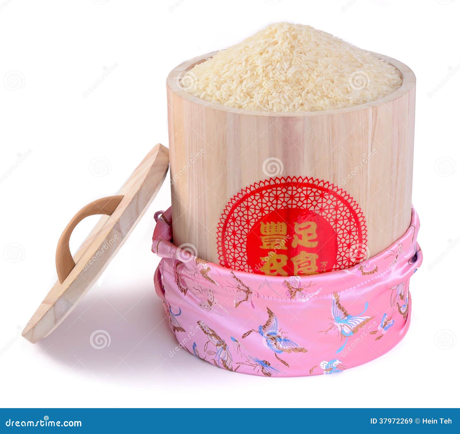 Wooden Container and Pot for Rice Storage on Background Stock Image