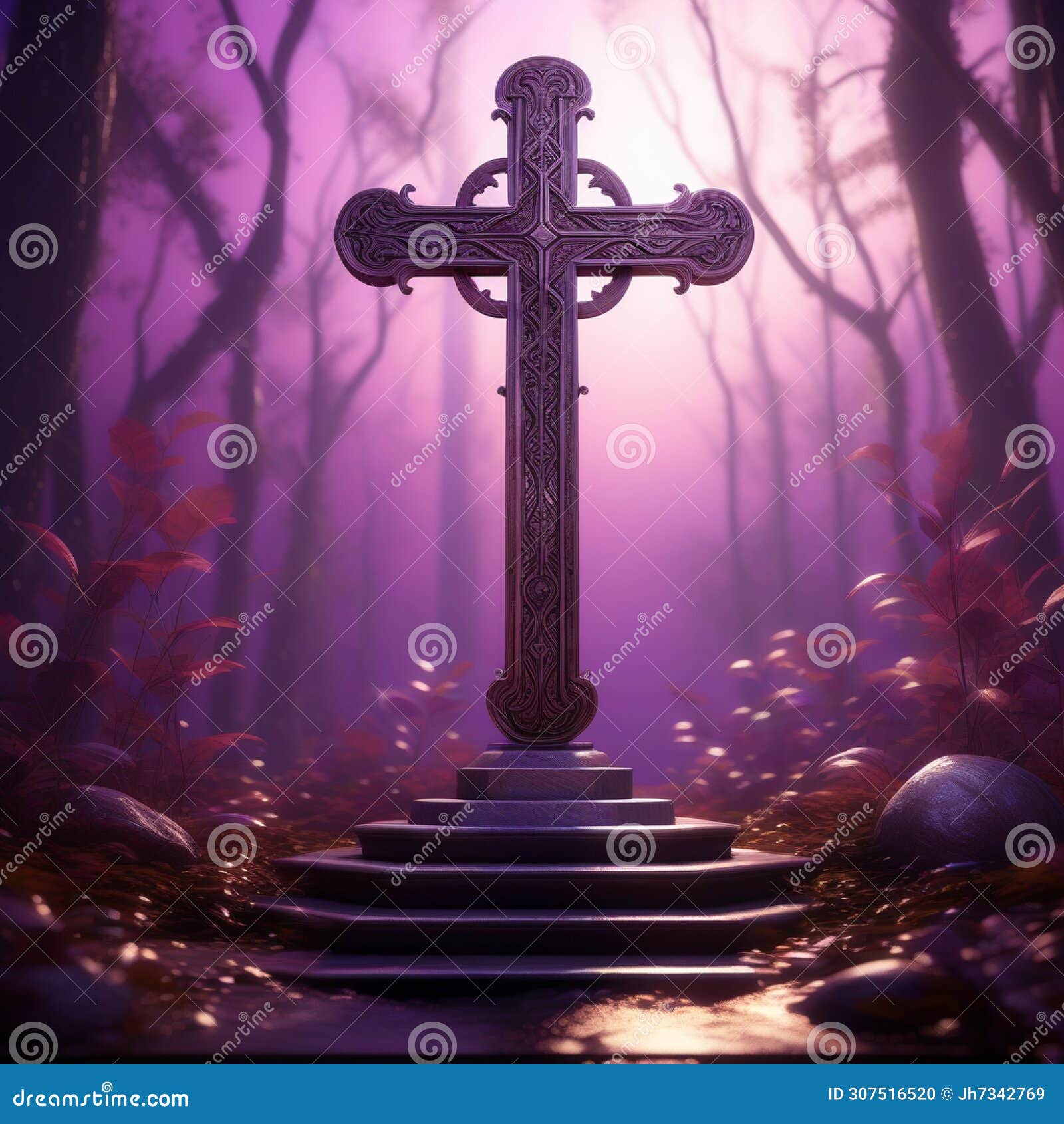 a wooden cross on a purple background