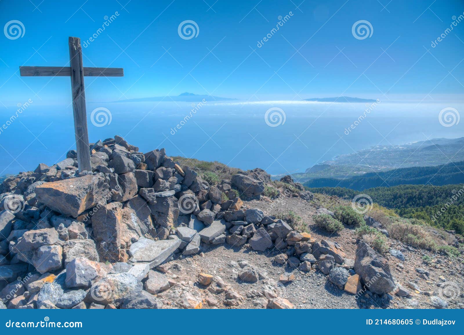 wooden cross, tenerife and la gomera viewed from pico de la nieve at la palma, canary islands, spain