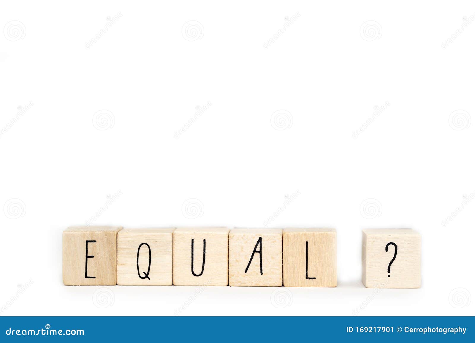 wooden cube with a question mark and the word equal  on white background,  for gender equality and social