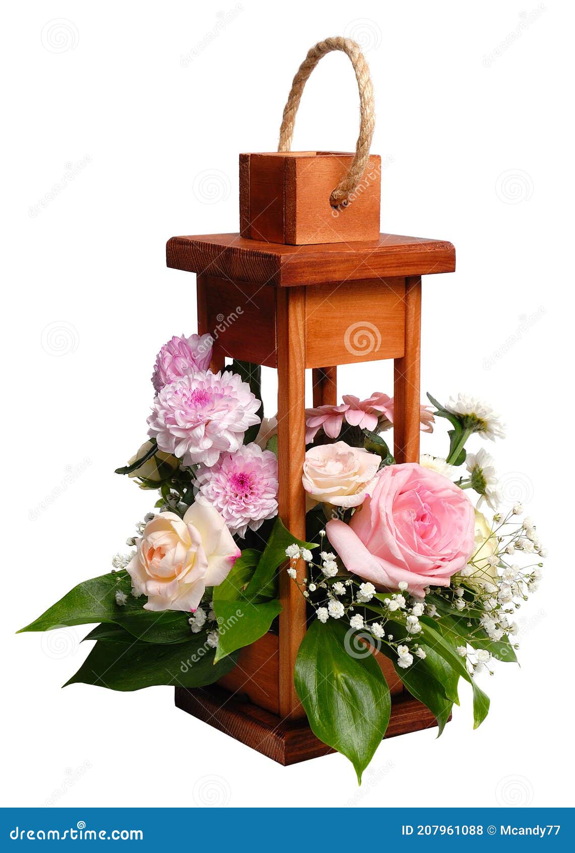 Wooden Decorative Lantern with Flowers Over White. Stock Photo Image