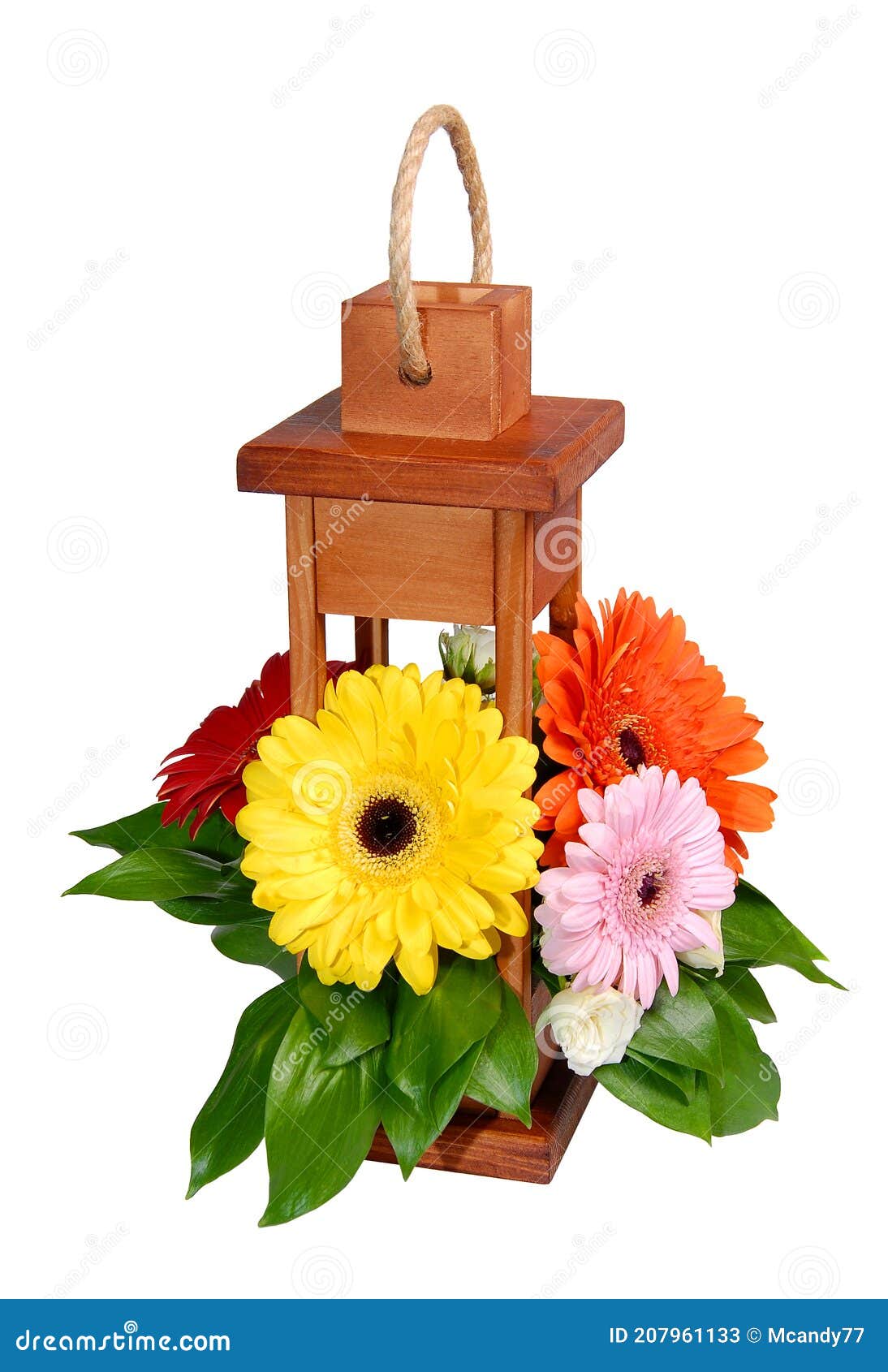 Wooden Decorative Lantern with Flowers Over White. Stock Image Image