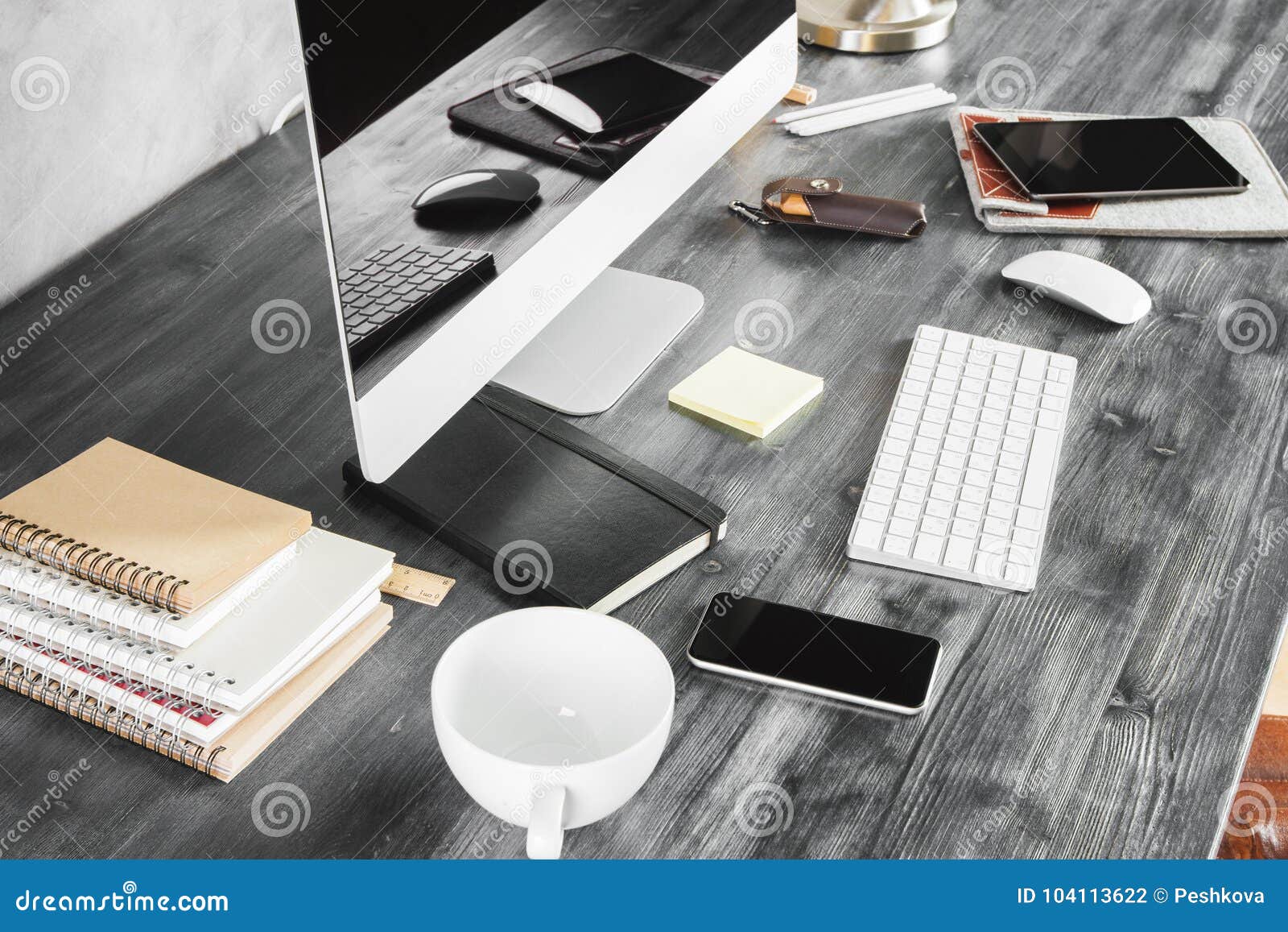 Wooden Desk With Gadgets And Supplies Top Stock Photo Image Of