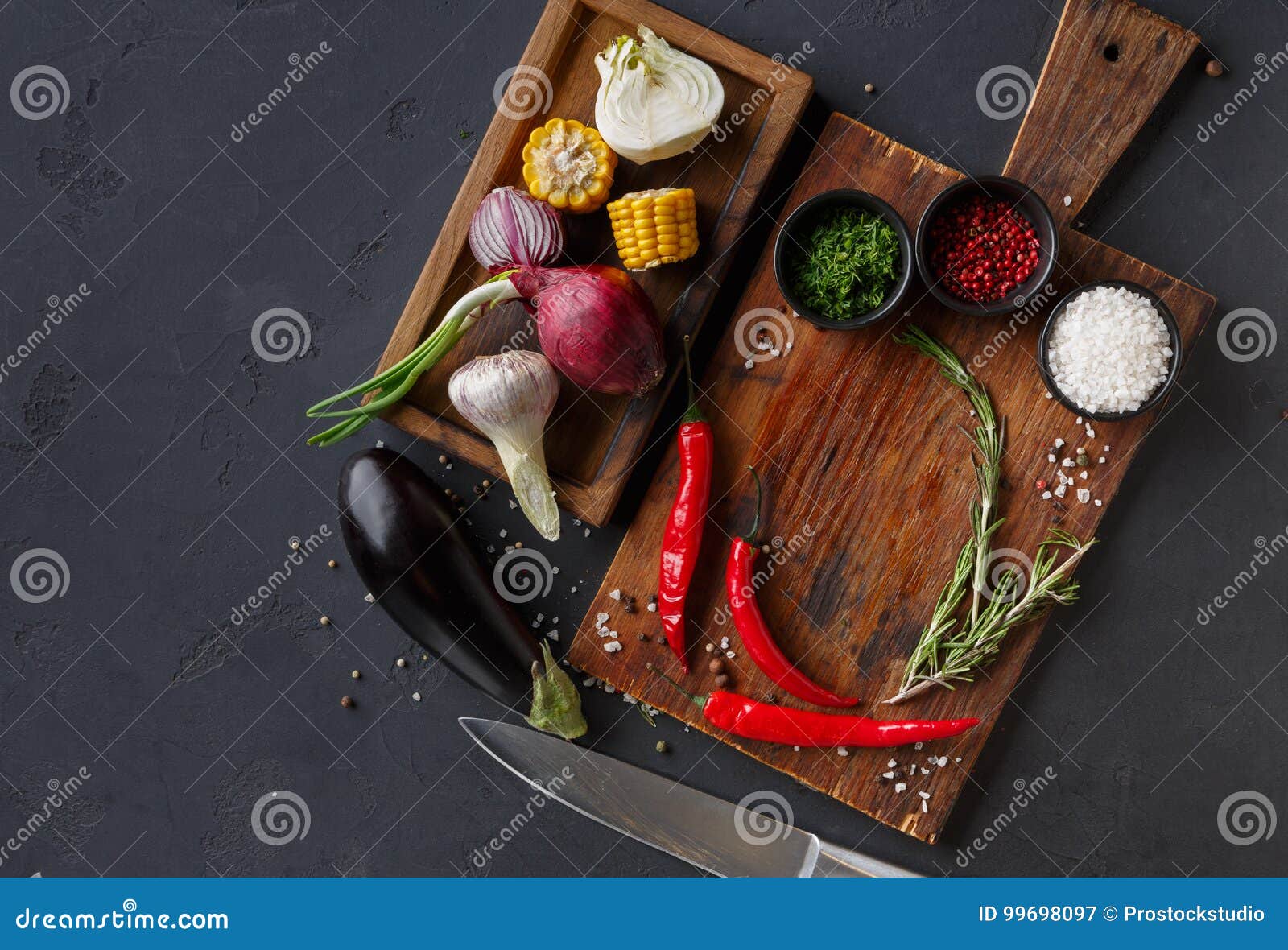 Wooden Desk with Spices and Chilli, Diverse Cooking Ingredients in a ...