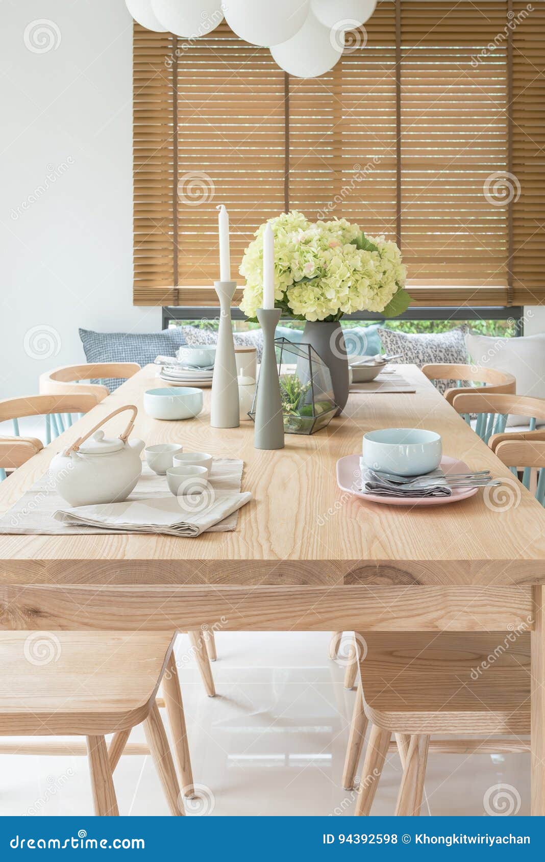 Wooden Dining Table In Modern Dining Room With Table Set And Vase Of Plants Stock Photo Image Of Home Dinning 94392598