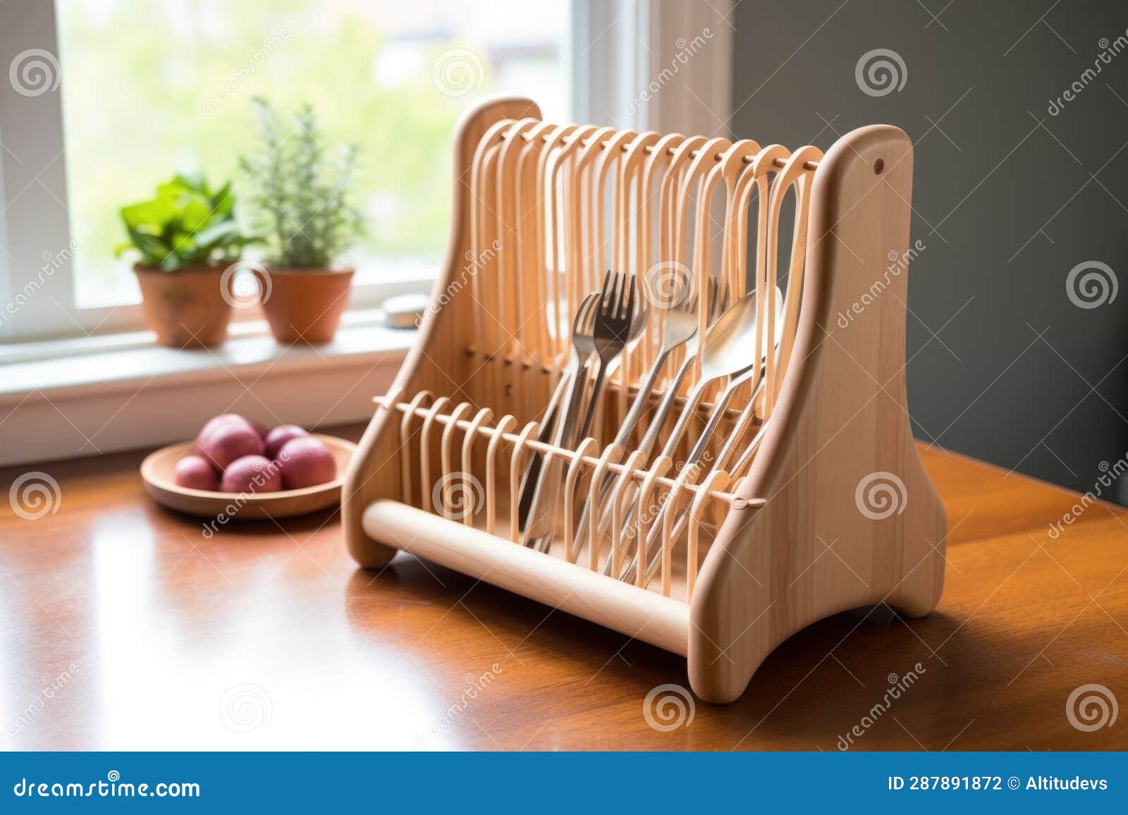 Wooden Dish Drying Rack with Ecofriendly Utensils Stock Photo Image