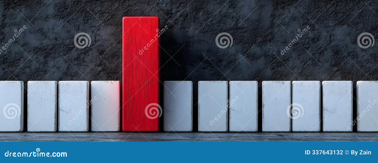 wooden domino blocks falling with one block standing out red