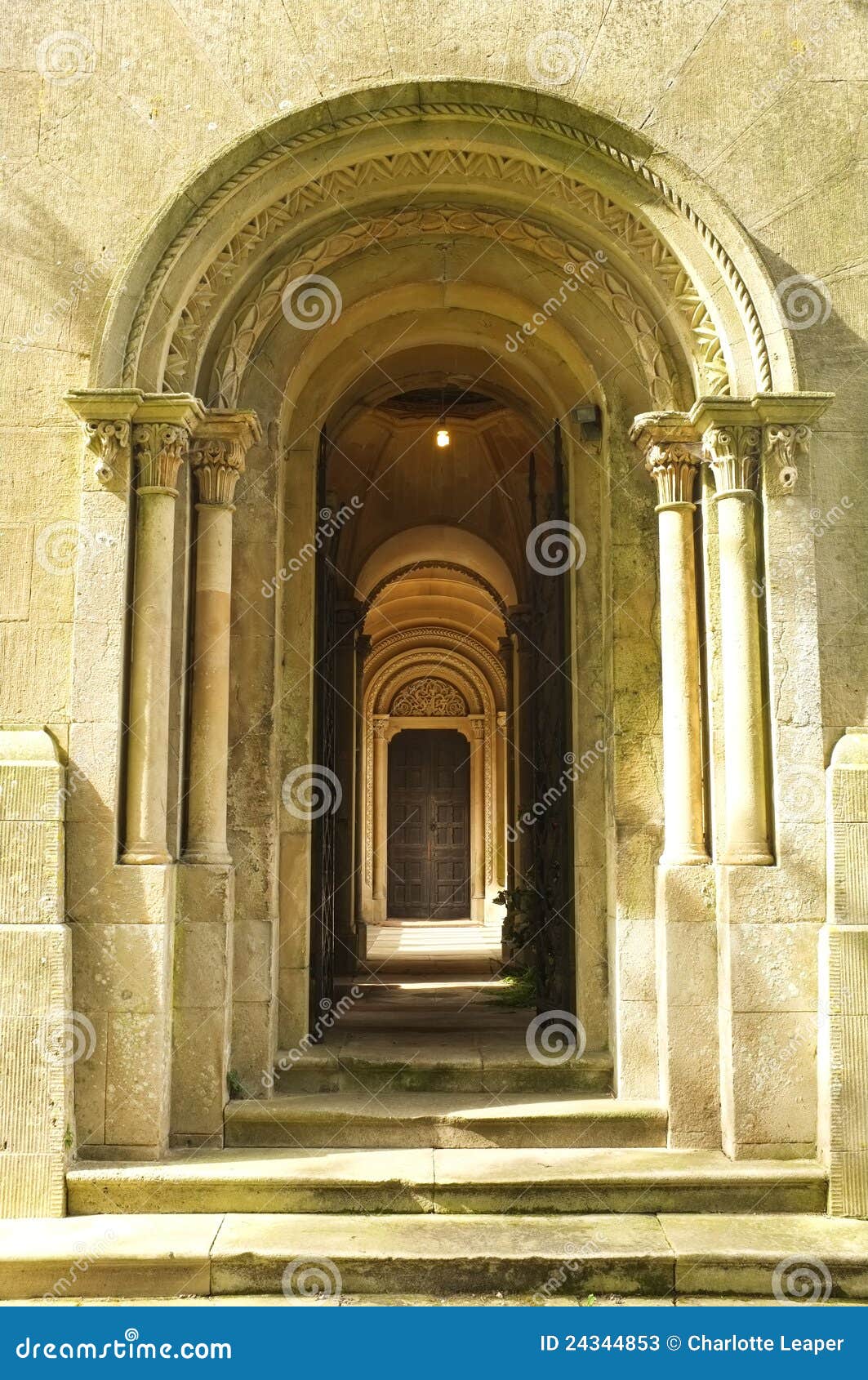 Wooden Door Way Through Stone Arches Stock Image Image Of