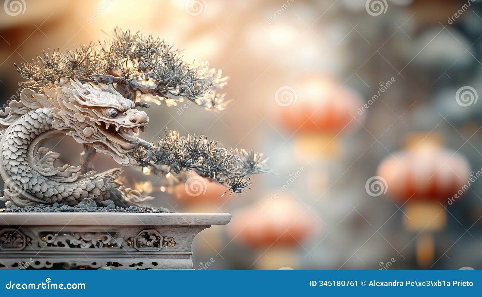 wooden dragon sculpture coiled around bonsai