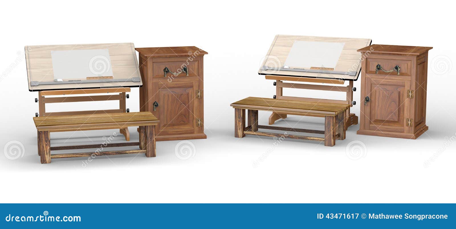 Wooden Drawing Table With Bench And Cabinet , Clipping ...