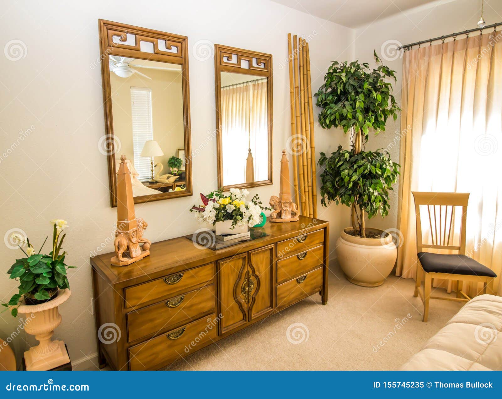 Wooden Dresser And Mirrors In Modern Bedroom Stock Image Image