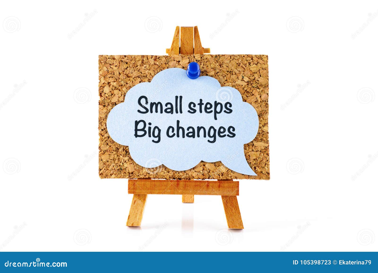 wooden easel with corkboard and blue speech bubble with phrase s