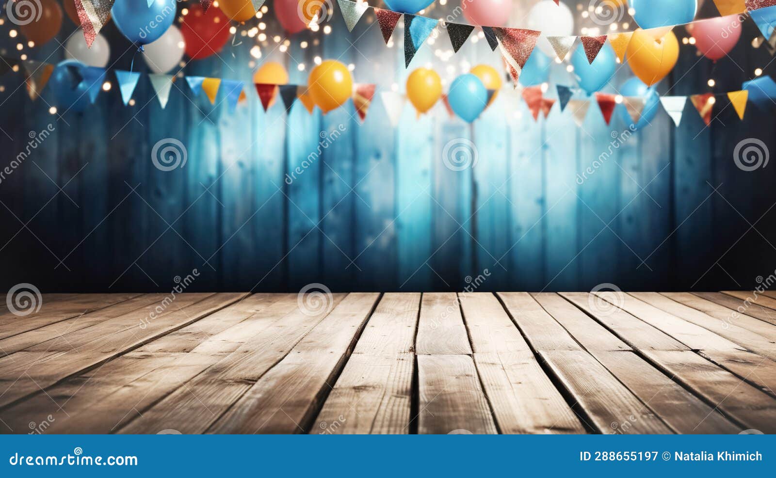 wooden empty stage showcase with holiday balloons, flags, empty bokeh background