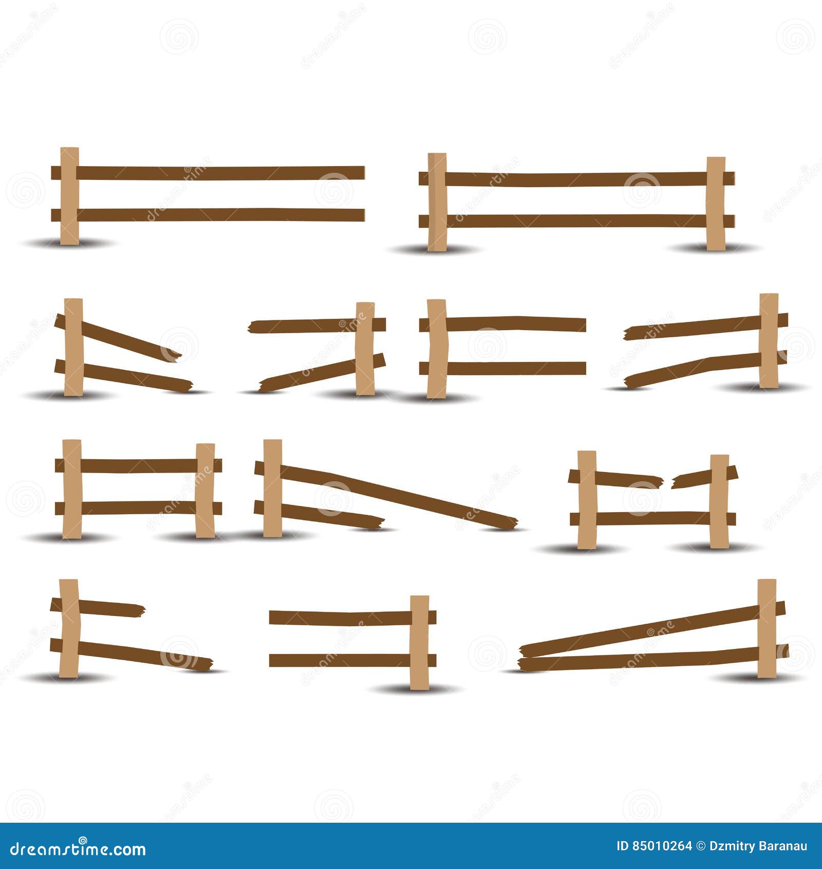 Wooden Farm Fence Sections Vector Illustration. Stock Vector