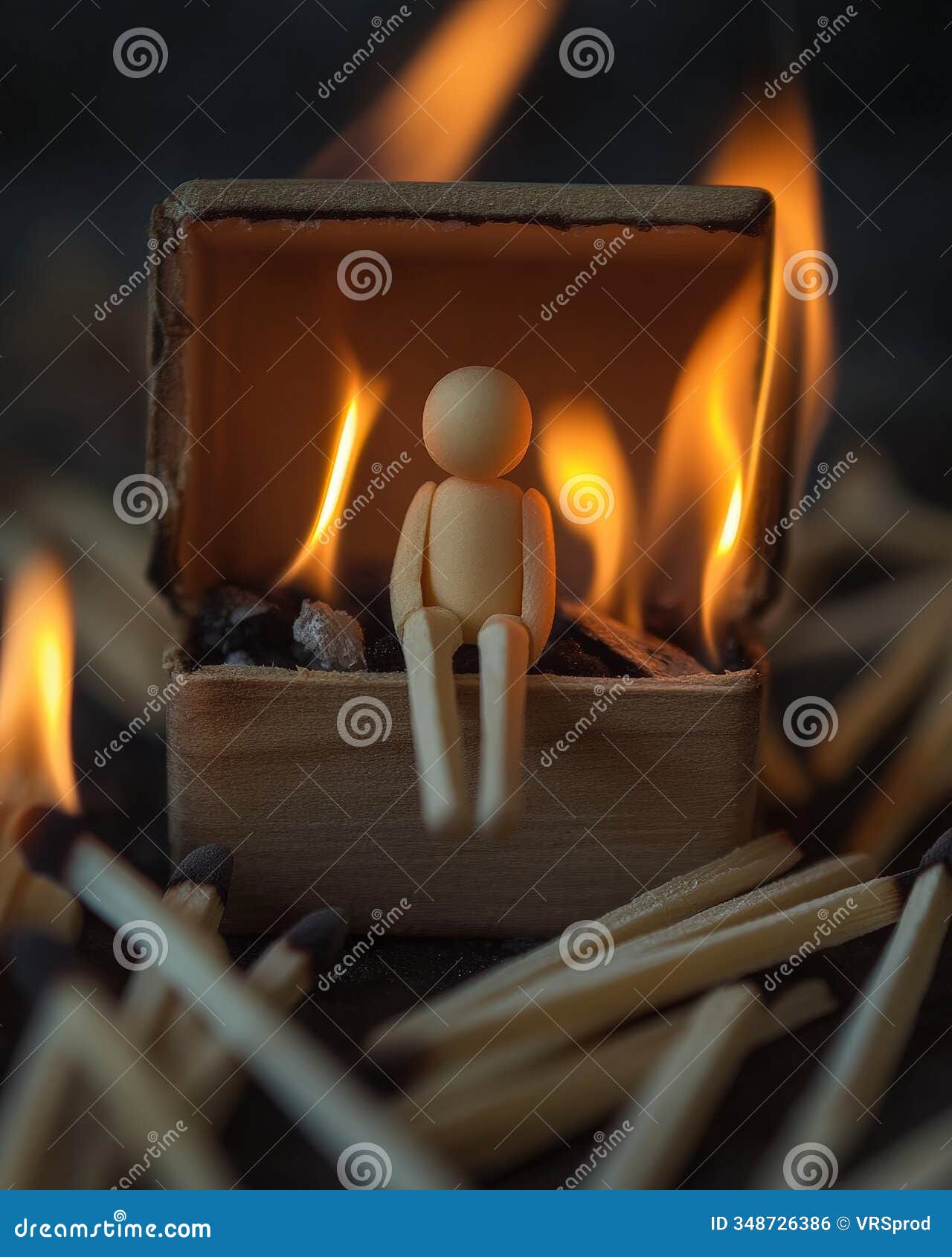 wooden figure in burning matchbox surrounded by matches