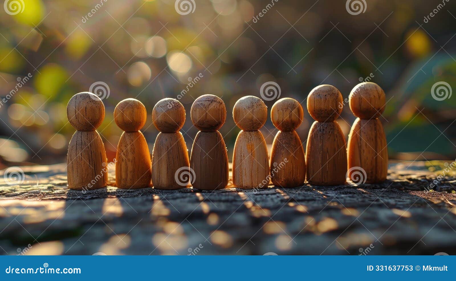 wooden figures aligned in a row on a log under soft sunlight in a natural outdoor setting