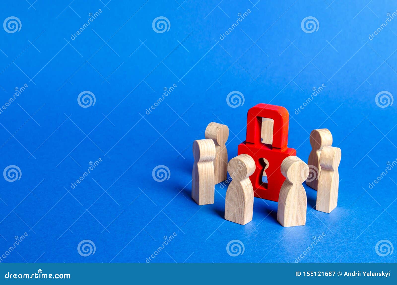 wooden figures of people surround red padlock. concept of protection of personal data trade secrets, dedication to secrets