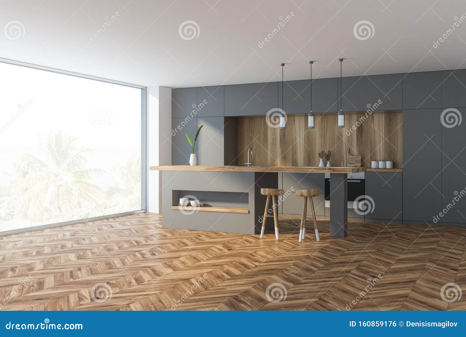 Wooden Floor Kitchen Corner With Bar Stock Illustration Illustration Of Luxurious Designers 160859176